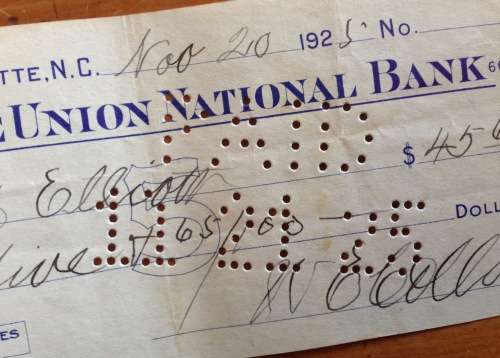 CHEQUE 1925 THE UNION NATIONAL BANK UNB CHARLOTTE NORTH CAROLINA UNITED STATES of AMERICA US$45.65.