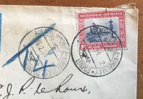 SOUTH WEST AFRICA AIRMAIL LUGPOS 1934 WINDHOEK-KIMBERLEY Underpaid 4d TAXED 4c N.G. KERK TRANSVAAL.
