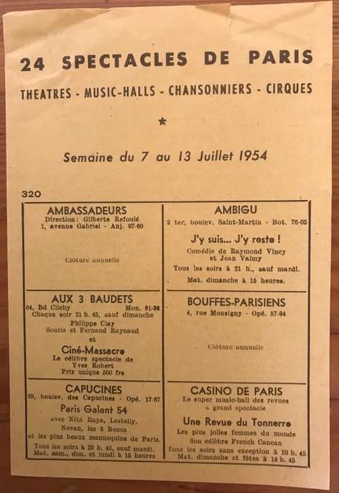 THEATRE PROGRAM FRANCE 24 SPECTACLES DE PARIS 1954 MUSIC HALLS CHANSONNIERS CIRQUES CHAMPAGNE.