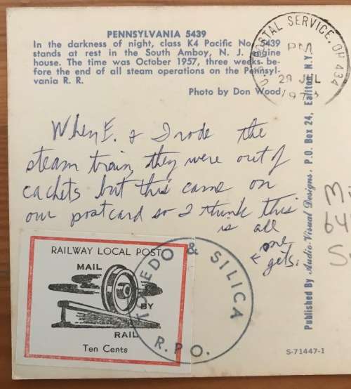 POSTCARD POST CARD USA RAILWAY LOCAL POST 10c MAIL by RAIL TOLEDO + SILICA R.P.O. 1978 TRAIN STEAM