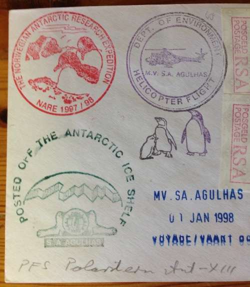 ANTARCTIC FRAMA LABELS ICE SHELF SANAP 1998 PENGUIN SA AGULHAS SHIP VOYAGE 99 RSA HELICOPTER NORWAY.
