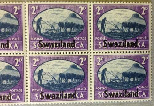 SWAZILAND 1945 VICTORY ISSUE SOUTH AFRICA STAMP OVERPRINTED 2d ARROW BLOCK of 6 SACC 39 Cattle FARM.