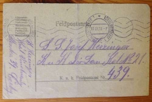 FELDPOSTKARTE 439 x 4 AUSTRIA WWI ÖSTERREICH FIELD POST CARD 1918 to CZECHOSLOVAKIA WORLD WAR ONE.