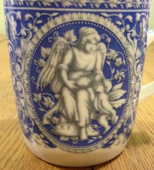 MUG PORCELAIN TEA COFFEE BLUE and WHITE ANGEL PATTERN GREEK STYLE STUNNING EXCELLENT CONDITION!!!!
