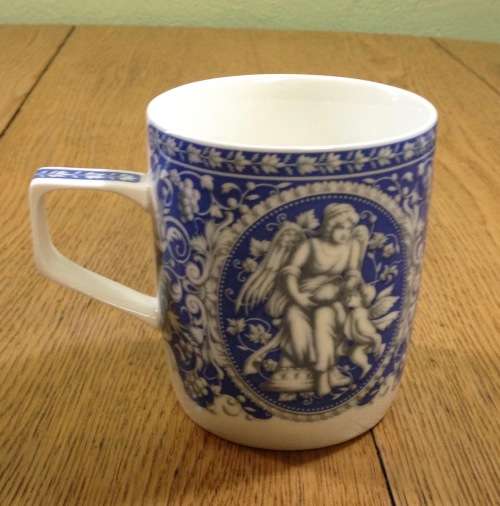 MUG PORCELAIN TEA COFFEE BLUE and WHITE ANGEL PATTERN GREEK STYLE STUNNING EXCELLENT CONDITION!!!!