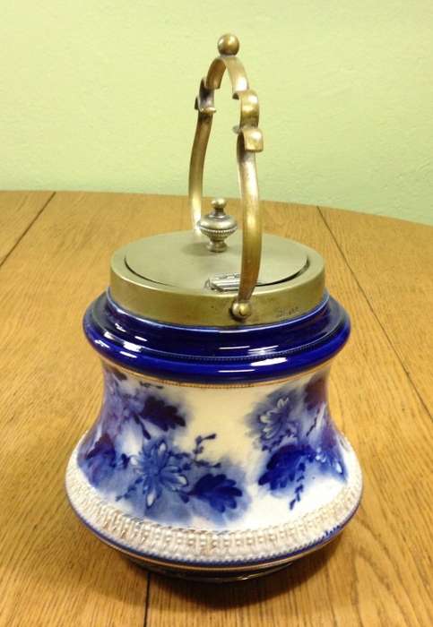 WILLIAM WOOD and Co. ENGLAND BISCUIT BARREL BLUE and WHITE EPNS LID and HANDLE SCARCE!!! READ NOTES.