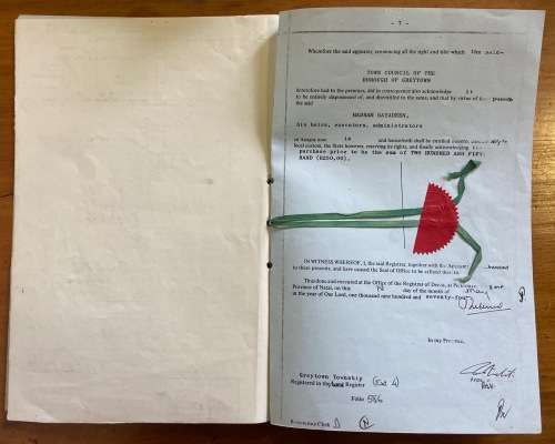 1984 DEED OF TRANSFER GREYTOWN NATAL NEL + STEVENS REVENUE STAMPS R2 + 50 cents UMVOTI GENERAL PLAN.