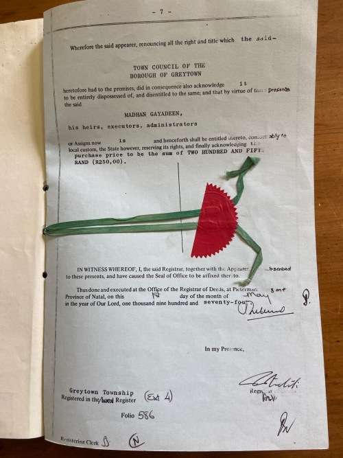 1984 DEED OF TRANSFER GREYTOWN NATAL NEL + STEVENS REVENUE STAMPS R2 + 50 cents UMVOTI GENERAL PLAN.