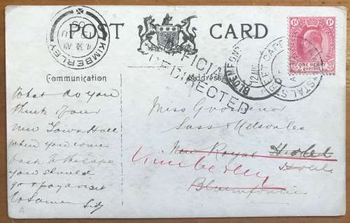 POSTCARD STAL STREET CAPE TOWN 1905 BLOEMFONTEIN KIMBERLEY OFFICIALLY REDIRECTED Cachet SOUTH AFRICA