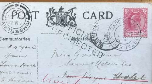 POSTCARD STAL STREET CAPE TOWN 1905 BLOEMFONTEIN KIMBERLEY OFFICIALLY REDIRECTED Cachet SOUTH AFRICA