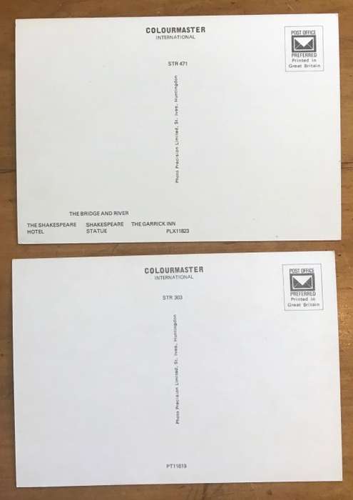 POSTCARDS x 2 STRATFORD-UPON-AVON SHAKESPEARES BIRTHPLACE STATUE HOTEL BRIDGE GARRICK INN ENGLAND.