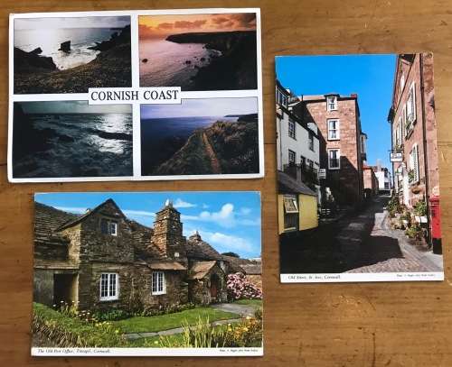 POSTCARDS x 3 ENGLAND CORNWALL CORNISH COAST St. IVES OLD POST OFFICE TINTAGEL FLOWERS COASTLINE.