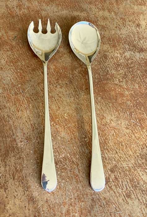 SALAD SERVERS PAIR CHROMED? SILVER PLATED??