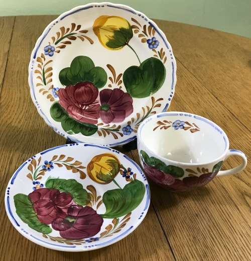 BELLE FIORE TEA TRIO SIMPSONS POTTERIES CHANTICLEER + SOLIAN WARE COBRIDGE ENGLAND FLOWERS COLOUR! 3