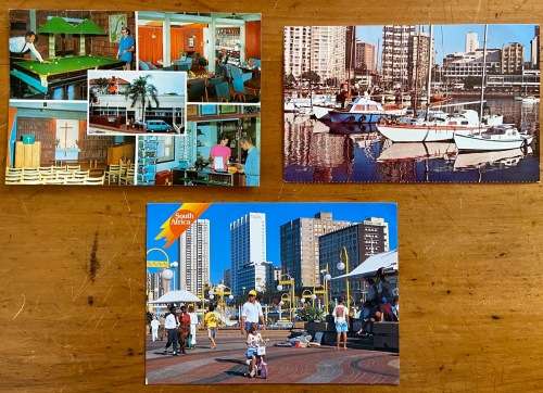 POSTCARDS X 3 SOUTH AFRICA NATAL DURBAN YACHT CLUB GOLDEN MILE NORWEGIAN SEAMAN`S CHURCH FLOWER BOAT