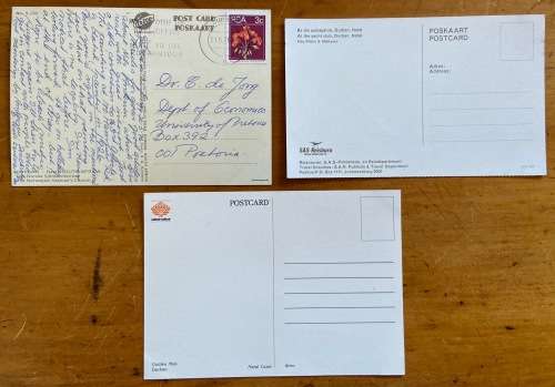POSTCARDS X 3 SOUTH AFRICA NATAL DURBAN YACHT CLUB GOLDEN MILE NORWEGIAN SEAMAN`S CHURCH FLOWER BOAT