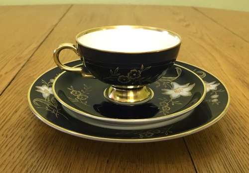TEA TRIO`S x 6 JOHANN HAVILAND BAVARIA GERMANY COBALT and GILT LEAVES LILY WHITE FLOWERS MAGNIFICENT
