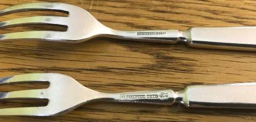 ELKINGTON & CO. SILVER PLATED FRUIT / DESSERT KNIFE + FORK SET x 6 of each 1957 BIRMINGHAM ENGLAND.