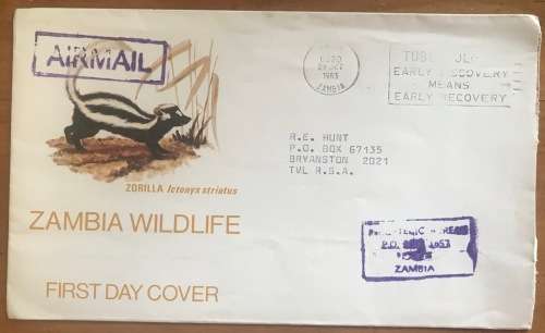 ZAMBIA COVERS x 2 1975 CHINGOLA NCHANGA SDA CHURCH 1983 WILDLIFE STRIPED POLECAT FDC ZORILLA AIRMAIL