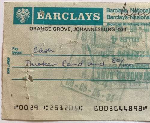 CHEQUE BARCLAYS ORANGE GROVE JHB NATIONAL BANK LIMITED 1987 POST DATED CHEQUE RETURNED STAMP