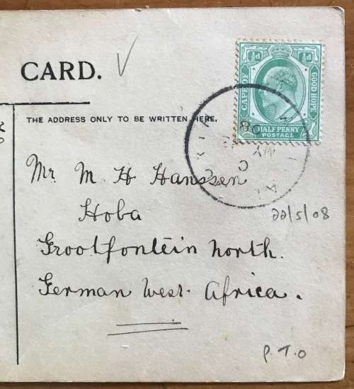 POSTCARD POST CARD MISS L. BRAITHWAITE LONDON EMPIRE SERIES 66 1907 German South West Africa