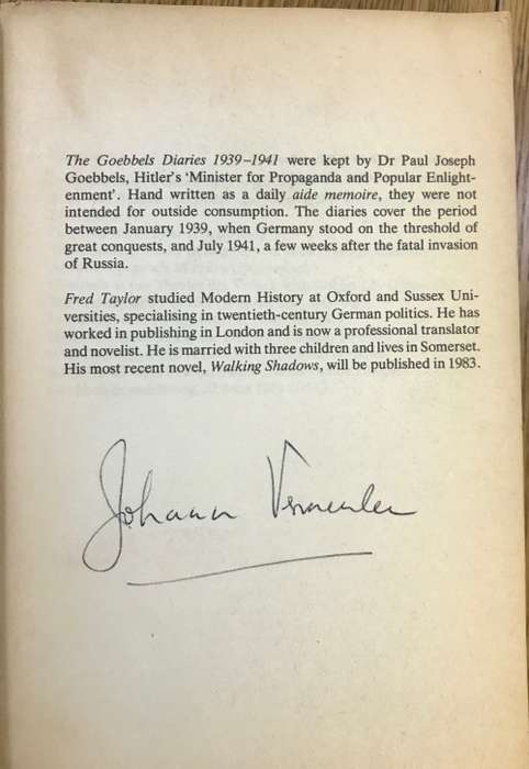 THE GOEBBELS DIARIES 1939-41 THE HISTORIC JOURNAL of a NAZI WAR LEADER EDITED by FRED TAYLOR 1983