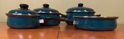 ENAMEL ENAMELLED GREEN POTS & PAN - 7 piece - SET of 4 with 3 LIDS - BELLISSMO by EMO - STUNNING