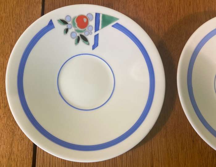 SHELLEY - 2 x SAUCERS - 11755 - ART DECO - MULTICOLOURED - TRUNCATED J MODE - ERIC SLATER DESIGN.