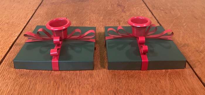 CANDLE HOLDERS PAIR (2) - SQUARE METAL PAINTED RED & GREEN.