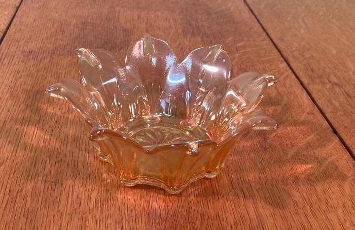 CARNIVAL GLASS STAR SHAPED BOWL.