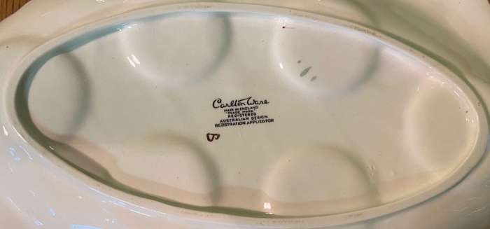 CARLTON WARE CARLTONWARE Green 'Apple Blossom' Egg Cups Salt & Pepper shakers Stand c1938 Australian