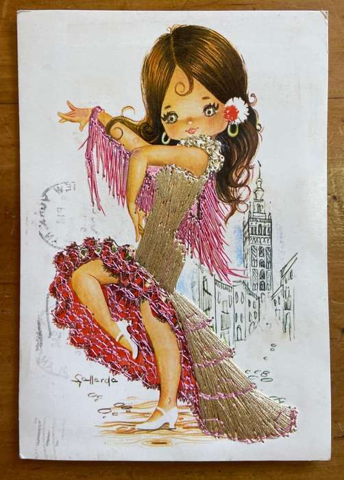 POSTCARD POST CARD EMBROIDERED SPAIN "GALLARDO" SPANISH DANCER YOUNG GIRL BUILDING