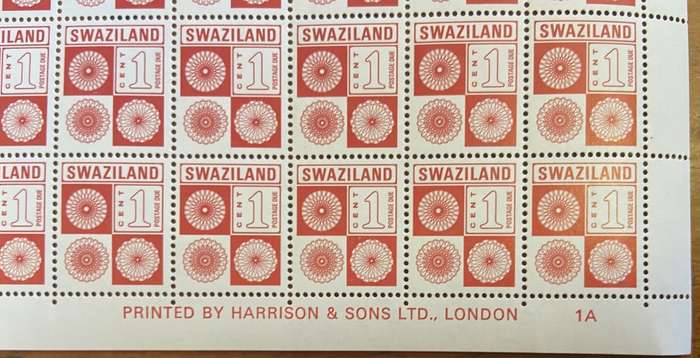 Swaziland Postage Due Stamps - 1 cent - 1971 - Full Sheet - UM - SG D19 - 100 Stamps