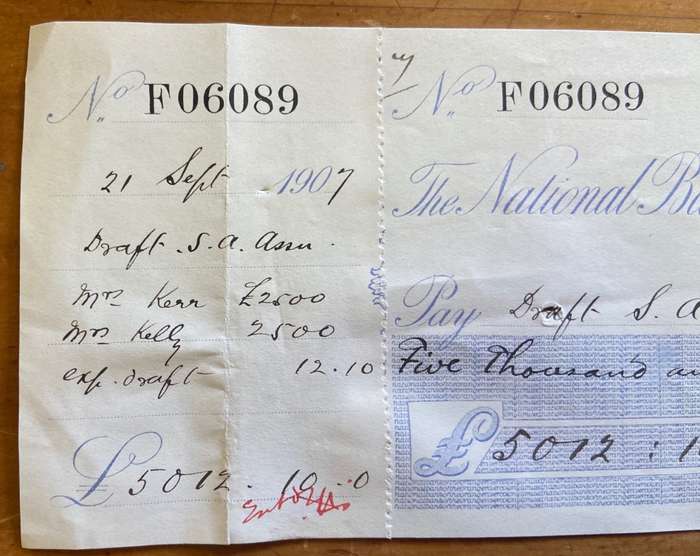 CHEQUE THE NATIONAL BANK OF THE ORANGE RIVER COLONY LIMITED FAURESMITH 1907 £5012.10 DRAFT SA ASSOC.