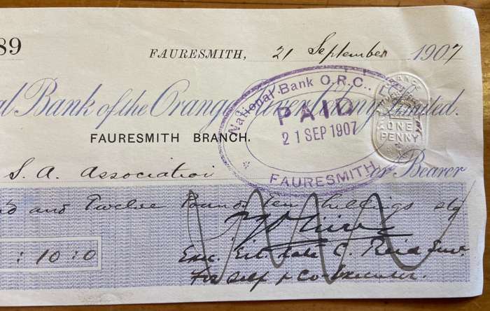 CHEQUE THE NATIONAL BANK OF THE ORANGE RIVER COLONY LIMITED FAURESMITH 1907 £5012.10 DRAFT SA ASSOC.