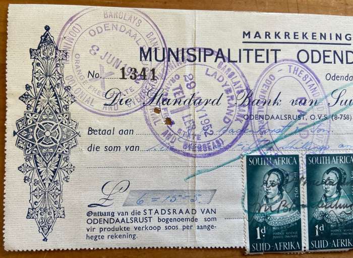 CHEQUE STANDARD BANK of SA MUNICIPALITY ODENDAALSRUST ORANGE FREE STATE 1952 BARCLAYS BANK LADYBRAND