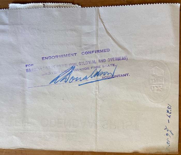 CHEQUE STANDARD BANK of SA MUNICIPALITY ODENDAALSRUST ORANGE FREE STATE 1952 BARCLAYS BANK LADYBRAND