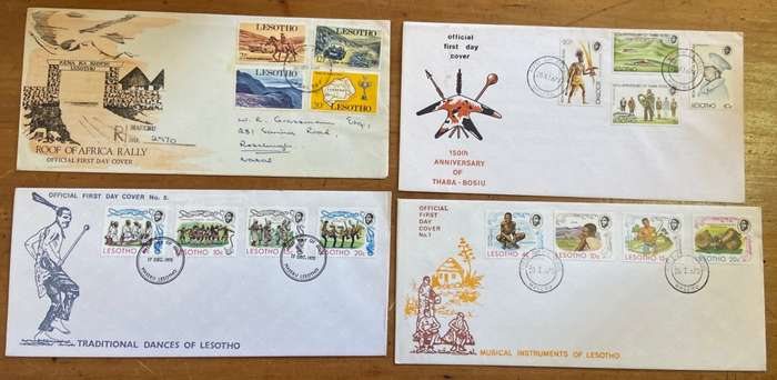 LESOTHO 4 x FDC 1969 ROOF of AFRICA RALLY 1974 ANNIV. THABA BOSIU 1975 MUSICAL INSTRUMENTS & DANCES