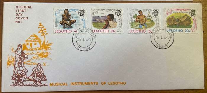 LESOTHO 4 x FDC 1969 ROOF of AFRICA RALLY 1974 ANNIV. THABA BOSIU 1975 MUSICAL INSTRUMENTS & DANCES