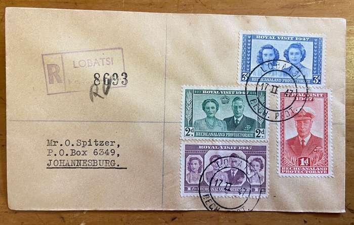 BECHUANALAND PROTECTORATE ROYAL VISIT FDC 1947 LOBATSI CDS REGISTERED MAIL to JHB, TRANSVAAL.