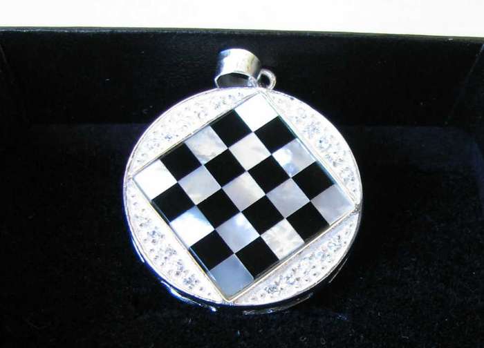 ONYX & Mother of Pearl Pendant in Chessboard style & .925 sterling SILVER! Stunning!!!!!!!!!!!!!!!