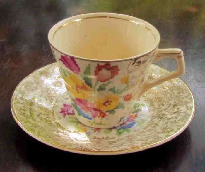 H & K Tunstall English Demitasse Cup & Saucer=Old English Sampler Pattern=Coffee/Expresso Cup=CHINTZ