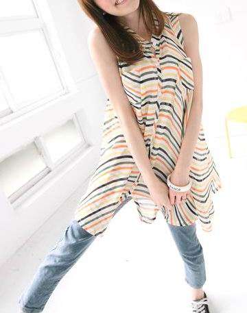 *Fashion Tokyo* Chiffon Strip Sleeveless Shirt with Belt-Orange