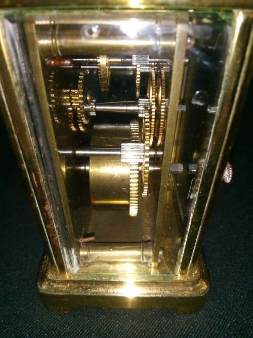 ANTIQUE FRENCH BRASS CARRIAGE CLOCK IN ORIGINAL CASE AND HAS ORIGINAL KEY