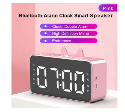 BT LCD Mirror Alarm Clock - Pink