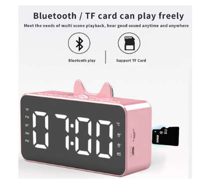 BT LCD Mirror Alarm Clock - Pink