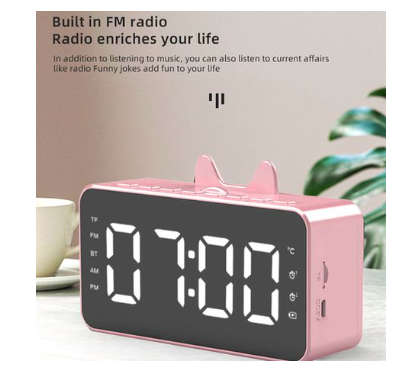 BT LCD Mirror Alarm Clock - Pink