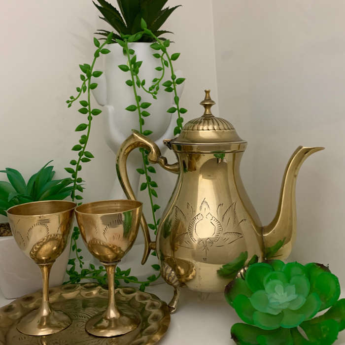 Vintage Brass 4-Piece Set  Teapot, Tray & Goblets  Floral Etched, India, Early 20t