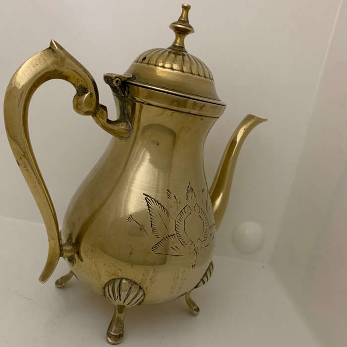 Vintage Brass 4-Piece Set  Teapot, Tray & Goblets  Floral Etched, India, Early 20t