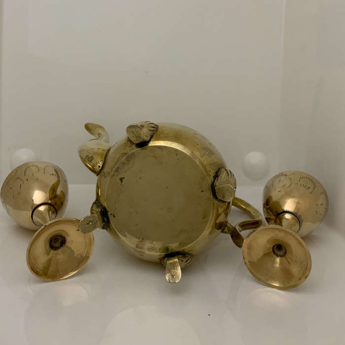Vintage Brass 4-Piece Set  Teapot, Tray & Goblets  Floral Etched, India, Early 20t